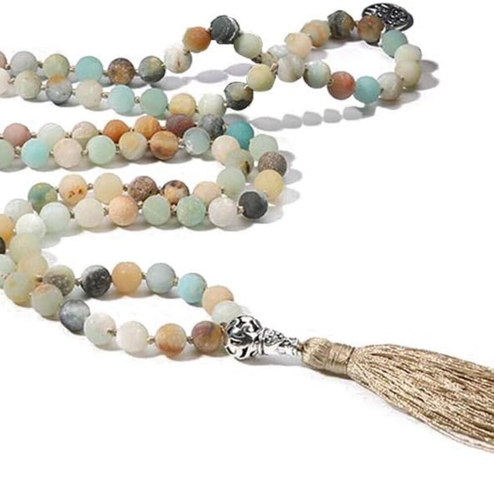 108 Mala Beads Necklace Semi-Precious Gem Stones Meditation Necklace 108 Hand Kn